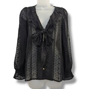 Hudson Gray Top Women S Black Sheer Swiss Dot Bow Tie Front Ruffle Coquette Goth